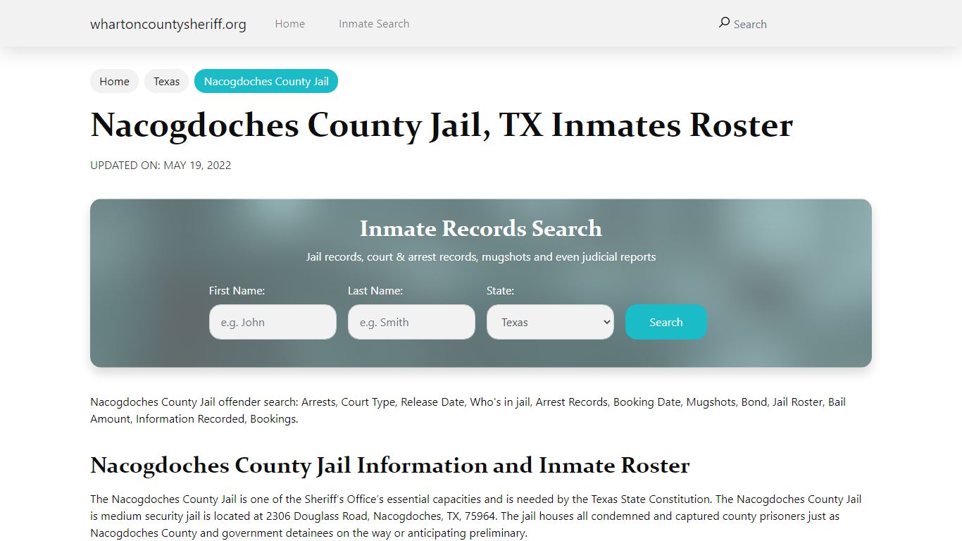 Nacogdoches County Jail, TX Jail Roster, Name Search